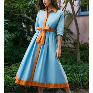 Hermoza Francesca Light Blue Midi Shirt Dress with Orange Trim and Waist Tie